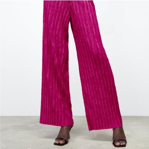 Zara Vibrant Pink Pleated Jacquard Pants - Picture 8 of 9